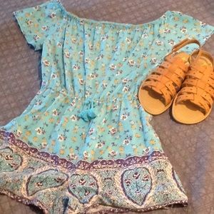 Girls Tweens Romper Turquoise & floral 10-12